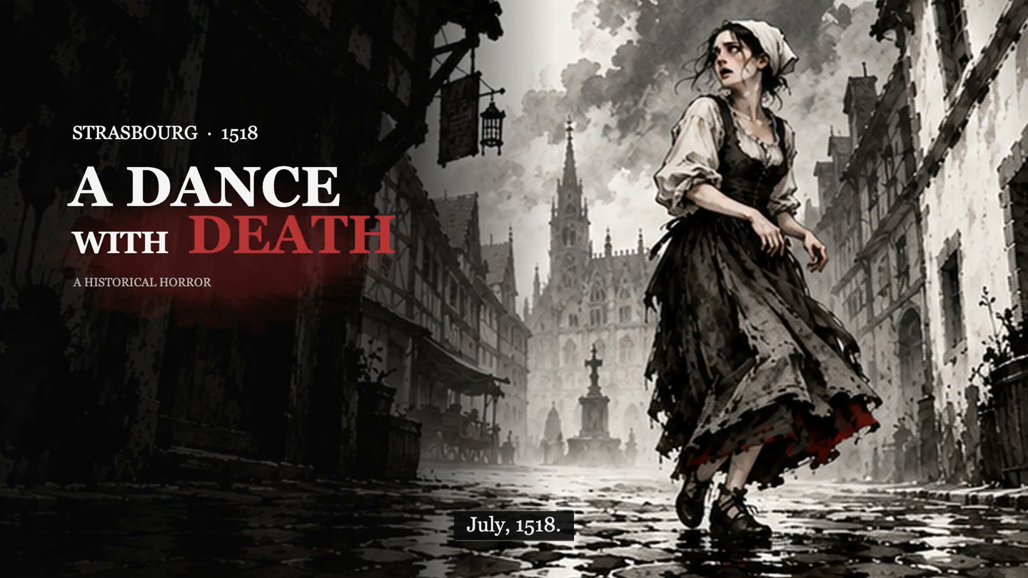 A woman in a dark ink-painted historical street