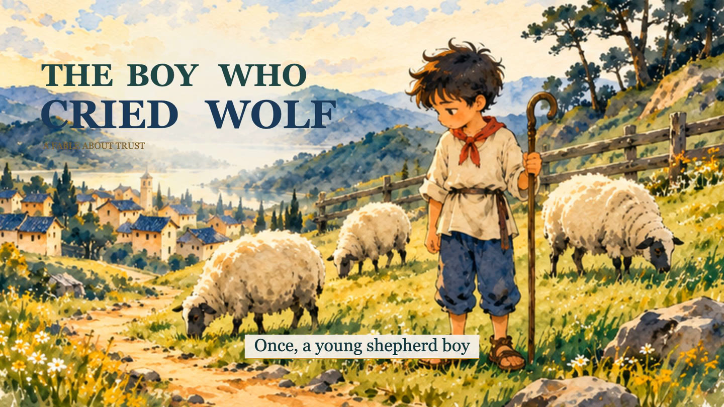 A shepherd boy and sheep in a colourful painted landscape