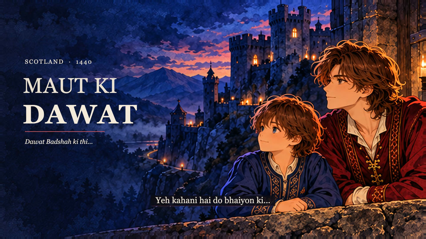 Two brothers outside a blue and crimson painted castle